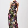 Karen Millen Petite Floral Print Mesh Halter Jersey Maxi Dress -Karen Millen shop black petite floral print mesh halter jersey maxi dress