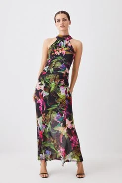 Karen Millen Petite Floral Print Mesh Halter Jersey Maxi Dress