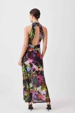 Karen Millen Petite Floral Print Mesh Halter Jersey Maxi Dress -Karen Millen shop black petite floral print mesh halter jersey maxi dress 1 3