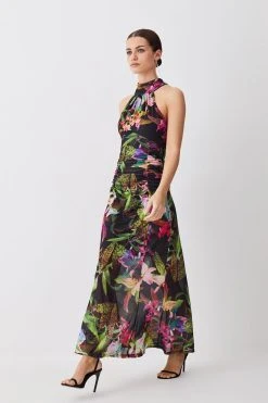 Karen Millen Petite Floral Print Mesh Halter Jersey Maxi Dress -Karen Millen shop black petite floral print mesh halter jersey maxi dress 1 4