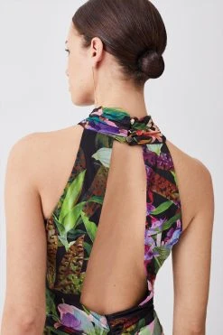 Karen Millen Petite Floral Print Mesh Halter Jersey Maxi Dress -Karen Millen shop black petite floral print mesh halter jersey maxi dress 1 5