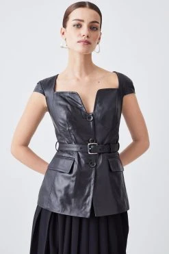 Karen Millen Petite Leather Belted Pleat Skirt Midi Dress -Karen Millen shop black petite leather belted pleat skirt midi dress 1 2