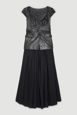 Karen Millen Petite Leather Belted Pleat Skirt Midi Dress -Karen Millen shop black petite leather belted pleat skirt midi dress 1 3