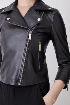 Karen Millen Petite Leather Shrunken Biker Jacket -Karen Millen shop black petite leather shrunken biker jacket 1