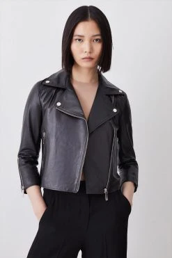 Karen Millen Petite Leather Shrunken Biker Jacket -Karen Millen shop black petite leather shrunken biker jacket 2