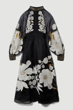 Karen Millen Petite Organdie Applique Buttoned Woven Midi Dress -Karen Millen shop black petite organdie applique buttoned woven midi dress 2