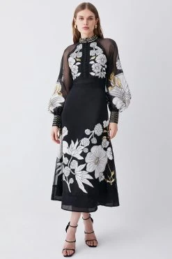 Karen Millen Petite Organdie Applique Buttoned Woven Midi Dress -Karen Millen shop black petite organdie applique buttoned woven midi dress 3