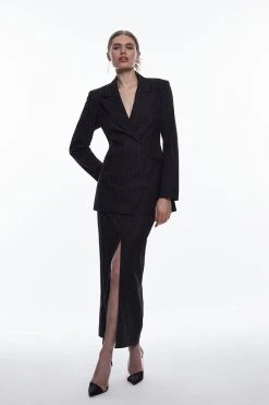 Karen Millen Petite Pinstripe Tab Detail Midaxi Skirt