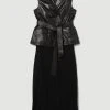 Karen Millen Petite Sleeveless Leather Wrap Pleat Skirt Midi Dress -Karen Millen shop black petite sleeveless leather wrap pleat skirt midi dress