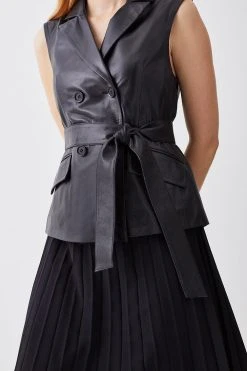 Karen Millen Petite Sleeveless Leather Wrap Pleat Skirt Midi Dress -Karen Millen shop black petite sleeveless leather wrap pleat skirt midi dress 2