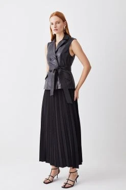 Karen Millen Petite Sleeveless Leather Wrap Pleat Skirt Midi Dress -Karen Millen shop black petite sleeveless leather wrap pleat skirt midi dress 3