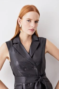 Karen Millen Petite Sleeveless Leather Wrap Pleat Skirt Midi Dress -Karen Millen shop black petite sleeveless leather wrap pleat skirt midi dress 4