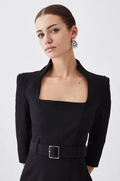 Karen Millen Petite Structured Crepe Square Neck Split Front Midi Dress