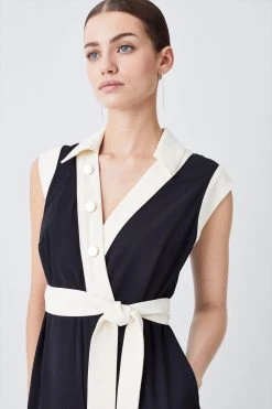 Karen Millen Petite Twill Button Detail Woven Wrap Jumpsuit -Karen Millen shop black petite twill button detail woven wrap jumpsuit 2