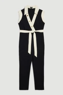 Karen Millen Petite Twill Button Detail Woven Wrap Jumpsuit