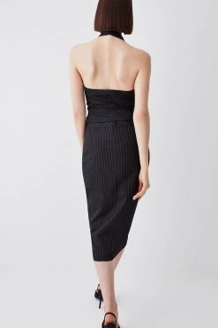 Karen Millen Pinstripe Corset Waist Zip Front Pencil Skirt -Karen Millen shop black pinstripe corset waist zip front pencil skirt 1 3