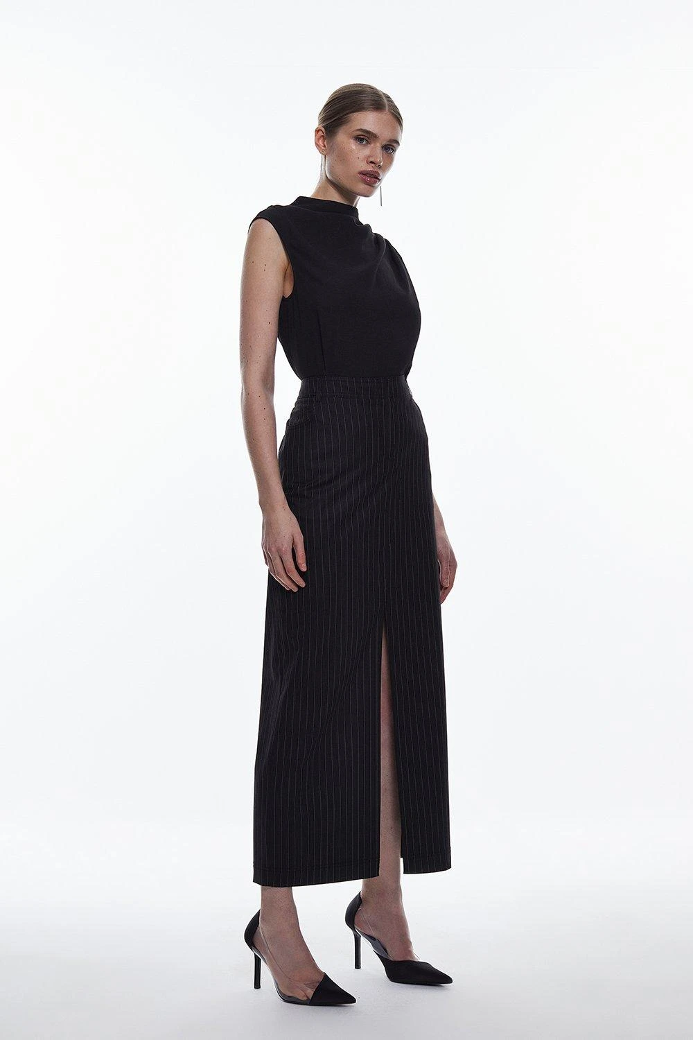 Karen Millen Pinstripe Tab Detail Midaxi Skirt 3 Karen Millen Pinstripe Tab Detail Midaxi Skirt