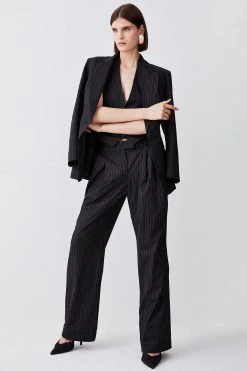 Karen Millen Pinstripe Wide Leg Trouser -Karen Millen shop black pinstripe wide leg trouser 1 2