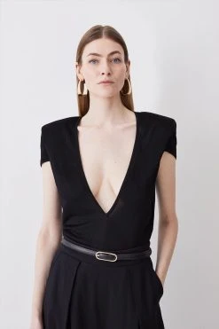 Karen Millen Plunge V Neck Power Shoulder Slinky Knit Top -Karen Millen shop black plunge v neck power shoulder slinky knit top 2