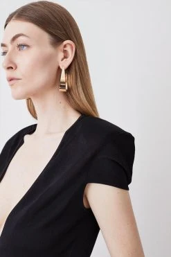 Karen Millen Plunge V Neck Power Shoulder Slinky Knit Top -Karen Millen shop black plunge v neck power shoulder slinky knit top 3