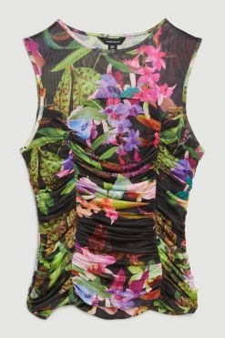 Karen Millen Plus Size Floral Print Mesh Ruched Jersey Top -Karen Millen shop black plus size floral print mesh ruched jersey top 1 1
