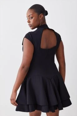 Karen Millen Plus Size High Neck Crepe Full Skirted Mini Dress -Karen Millen shop black plus size high neck crepe full skirted mini dress 3