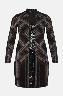 Karen Millen Plus Size Jacquard Sequin Panel Knit Mini Dress -Karen Millen shop black plus size jacquard sequin panel knit mini dress 2