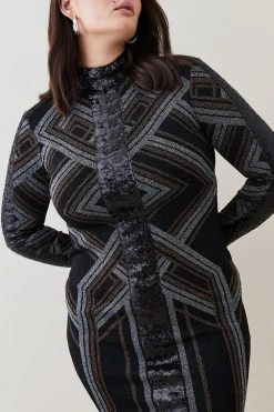 Karen Millen Plus Size Jacquard Sequin Panel Knit Mini Dress
