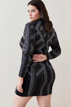 Karen Millen Plus Size Jacquard Sequin Panel Knit Mini Dress -Karen Millen shop black plus size jacquard sequin panel knit mini dress 3