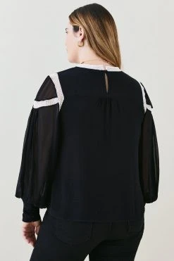 Karen Millen Plus Size Ladder Trim Lace Woven Blouse -Karen Millen shop black plus size ladder trim lace woven blouse 1