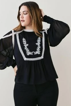 Karen Millen Plus Size Ladder Trim Lace Woven Blouse -Karen Millen shop black plus size ladder trim lace woven blouse 2