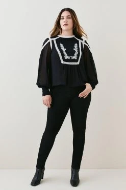 Karen Millen Plus Size Ladder Trim Lace Woven Blouse -Karen Millen shop black plus size ladder trim lace woven blouse 3