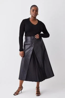 Karen Millen Plus Size Leather Belted Pleat Detail Midi Skirt -Karen Millen shop black plus size leather belted pleat detail midi skirt 2