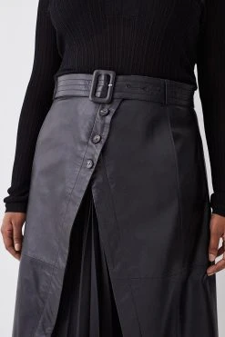 Karen Millen Plus Size Leather Belted Pleat Detail Midi Skirt -Karen Millen shop black plus size leather belted pleat detail midi skirt 3