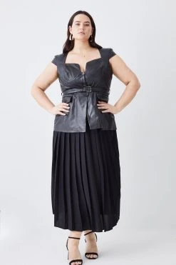 Karen Millen Plus Size Leather Belted Pleat Skirt Midi Dress -Karen Millen shop black plus size leather belted pleat skirt midi dress 1 2