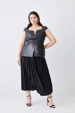 Karen Millen Plus Size Leather Belted Pleat Skirt Midi Dress -Karen Millen shop black plus size leather belted pleat skirt midi dress 1 3