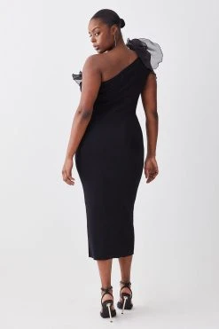 Karen Millen Plus Size One Shoulder Organza Flower Detail Knit Midi Dress -Karen Millen shop black plus size one shoulder organza flower detail knit midi dress 1