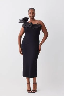 Karen Millen Plus Size One Shoulder Organza Flower Detail Knit Midi Dress -Karen Millen shop black plus size one shoulder organza flower detail knit midi dress 3