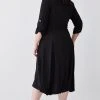 Karen Millen Plus Size Soft Tailored Pleat Panel Sleeved Belted Midi Dress -Karen Millen shop black plus size soft tailored pleat panel sleeved belted midi dress