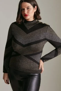 Karen Millen Plus Size Sparkle Military Abstract Knit Top -Karen Millen shop black plus size sparkle military abstract knit top 2