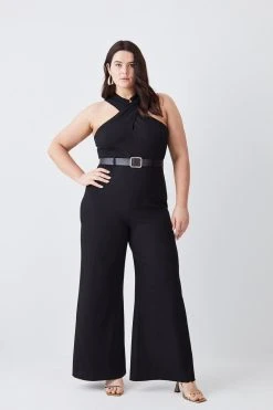 Karen Millen Plus Structured Crepe Halter Neck Belted Wide Leg Jumpsuit -Karen Millen shop black plus structured crepe halter neck belted wide leg jumpsuit 1