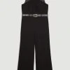 Karen Millen Plus Structured Crepe Halter Neck Belted Wide Leg Jumpsuit -Karen Millen shop black plus structured crepe halter neck belted wide leg jumpsuit