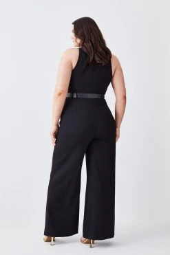Karen Millen Plus Structured Crepe Halter Neck Belted Wide Leg Jumpsuit -Karen Millen shop black plus structured crepe halter neck belted wide leg jumpsuit 2