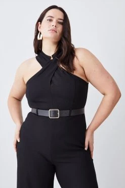 Karen Millen Plus Structured Crepe Halter Neck Belted Wide Leg Jumpsuit -Karen Millen shop black plus structured crepe halter neck belted wide leg jumpsuit 3