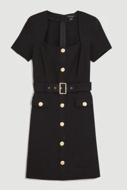 Karen Millen Ponte Belted Button Through Jersey Mini Dress -Karen Millen shop black ponte belted button through jersey mini dress 2