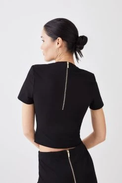 Karen Millen Ponte Gold Back Zip Detail Long Sleeve Top