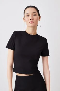 Karen Millen Ponte Gold Back Zip Detail Long Sleeve Top -Karen Millen shop black ponte gold back zip detail long sleeve top 4