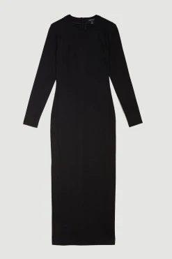 Karen Millen Ponte High Crew Neck Gold Zip Detail Midaxi Dress -Karen Millen shop black ponte high crew neck gold zip detail midaxi dress 1 1