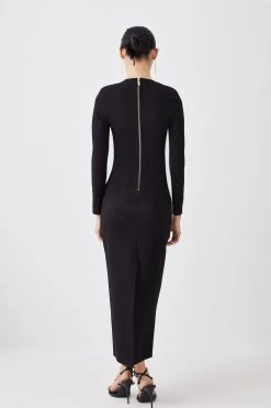 Karen Millen Ponte High Crew Neck Gold Zip Detail Midaxi Dress -Karen Millen shop black ponte high crew neck gold zip detail midaxi dress 1 2