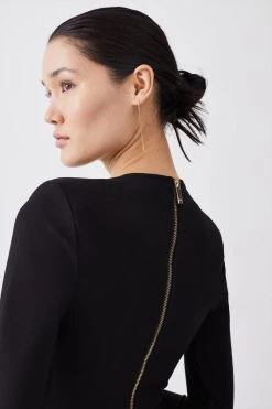 Karen Millen Ponte High Crew Neck Gold Zip Detail Midaxi Dress -Karen Millen shop black ponte high crew neck gold zip detail midaxi dress 1 4